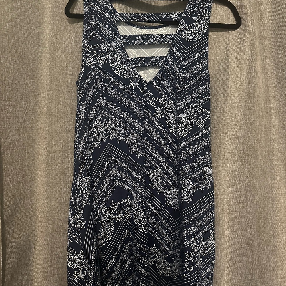 Navy Blue Patterned Sleeveless Dress